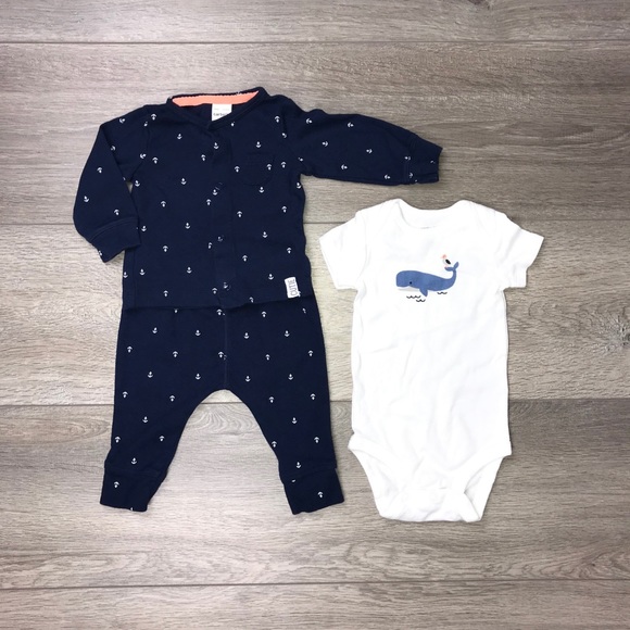 Carter’s 3 Piece Cardigan Set 3 Months Anchor Whale Navy Blue - Picture 2 of 9